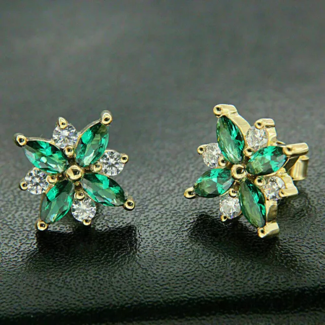 1.50 CT LAB Created Marquise Green Emerald Stud Earrings 14K Gold ...