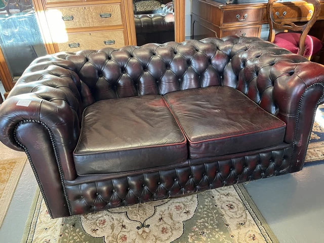 Traditional Maroon Leather Two Seater Chesterfield Sofa