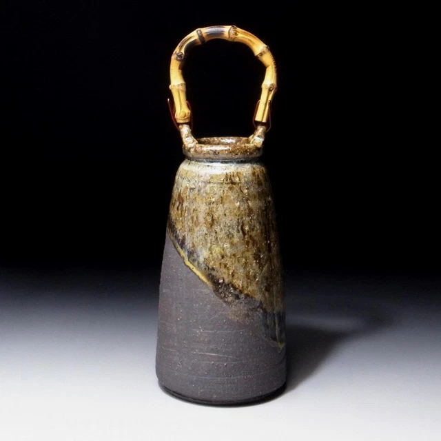 $YL72 Vintage Japanese Pottery Vase with Bamboo handle, Tanba ware, 10.8 inches