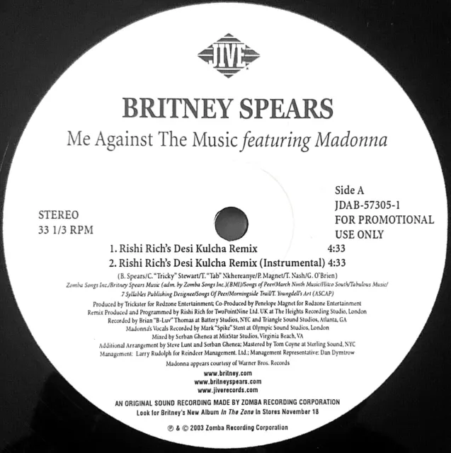 BRITNEY SPEARS & MADONNA ~ ME AGAINST THE MUSIC Mixes USA 2003 PROMO 12" VINYL