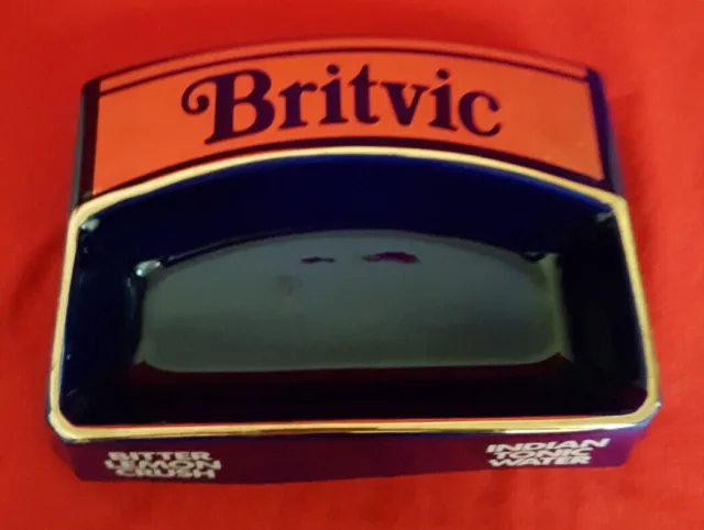 BRITVIC Beverages Ashtray. Shiny Gold and Cobalt Blue w/ White Letters 9" Wide.