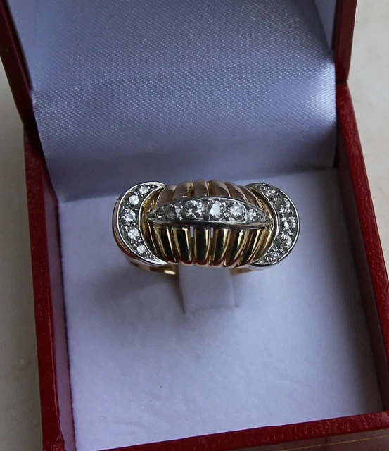 Bague Tank Or Jaune 18 Carats Avec Diamants - Années 40 - Taille 53 - Occasion Parfait état