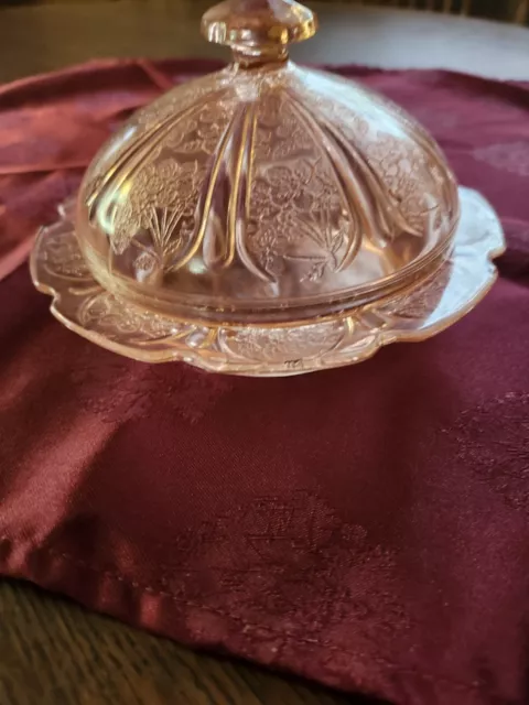 Jeanette Cherry Blossom Pink Depression Glass Round Covered Butter Dish