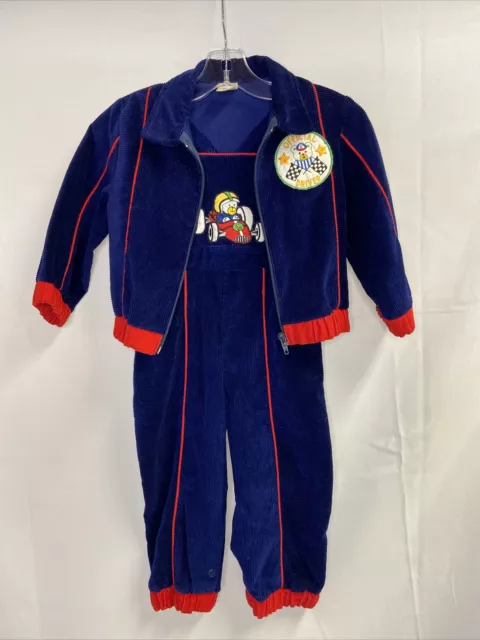 Vintage Baby Togs Overalls & Jacket Corduroy Racing Driver Bear Navy 24 Months