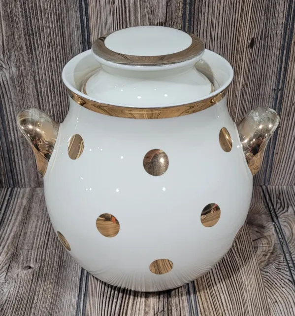 Vintage Halls Gold Polka Dot Cookie Jar Canister 1566, Mid Century Made In USA.