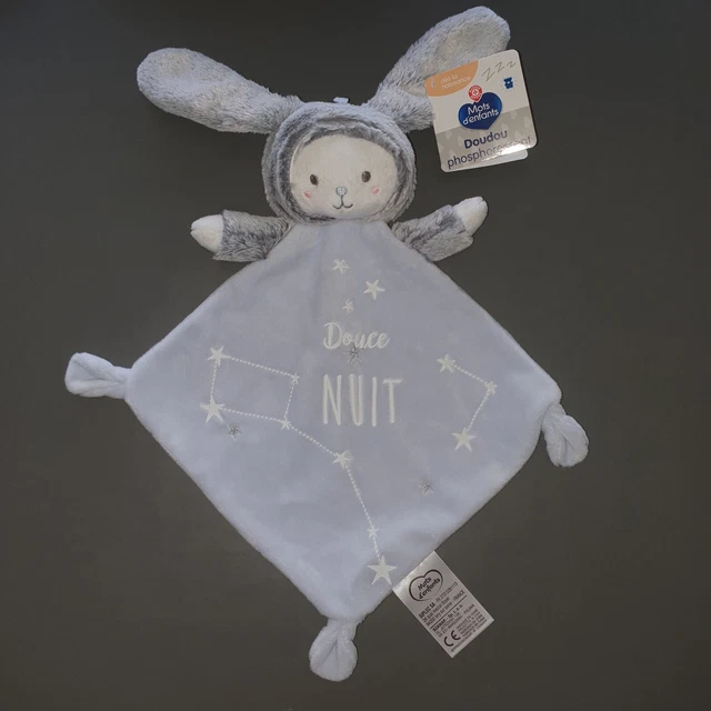 Doudou Plat Ours Déguisé En Lapin Bleu Gris Phosphorescent Mots D'enfants Neuf