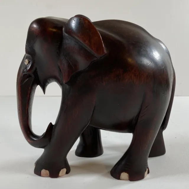 Wood Carved Elephant Inlaid White Eyes & Nails No Tusks 5”H