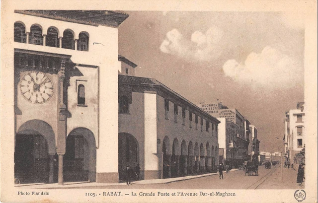Cpa Maroc Rabat La Grande Poste Et Avenue Dar El Maghzen