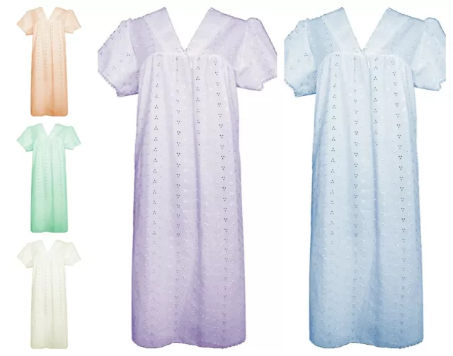 New Ladies Traditional Broderie Anglaise V Neck Short Sleeve Lace Nighty Night