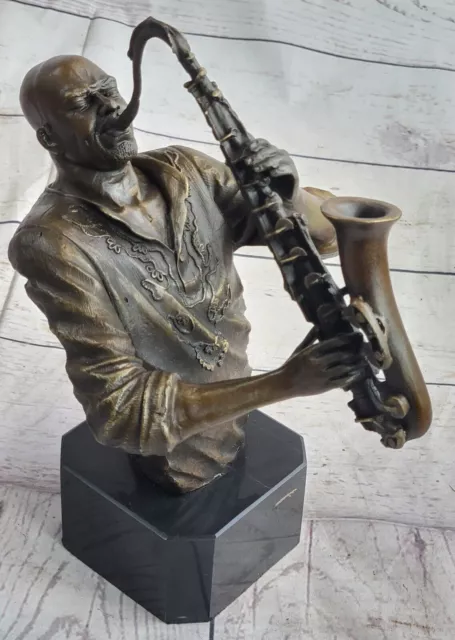 African American Trumpet Horn Player Jazz Musician Bronze Marble Statue Figure