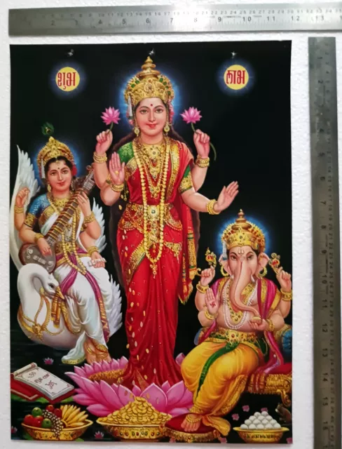 Hindu Religious Rare Old & Unique Poster of Lord Ganapati Mata Lakshmi Saraswati