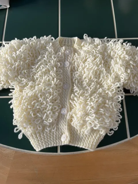 Hand Knitted Baby Ivory Loopy Cardigan Size 0/3 Months