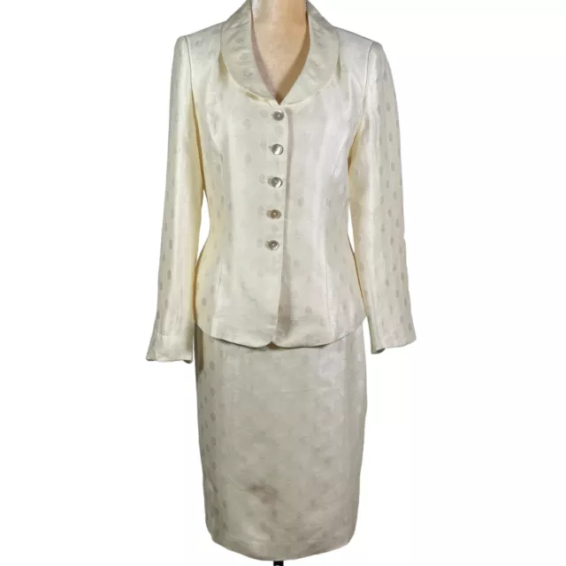 Albert Nipon Womens 2 PC Suit Size 6 Ivory Polka Dot Silk Jacket Skirt Formal