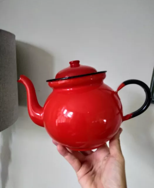 Red Enamel Tea Pot By Huta Silesia Made In Poland