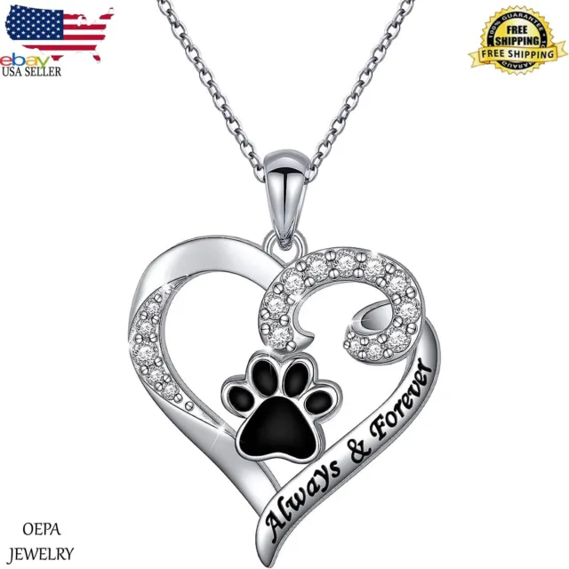 925 Sterling Silver Puppy Dog Cat Pet Paw Print Love Heart Pendant Necklace