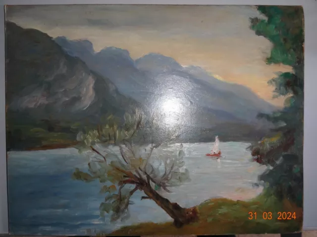 peinture tableau huile sur carton ancien lac de montagne inscription au dos