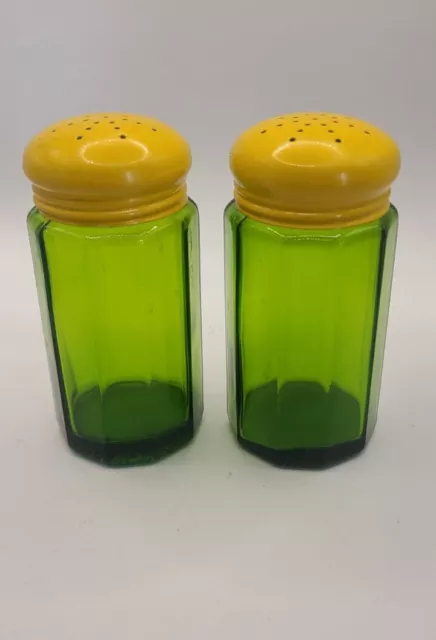 Vintage Takahashi Japan Green Glass Salt  Pepper Shakers Yellow Metal Screw Tops