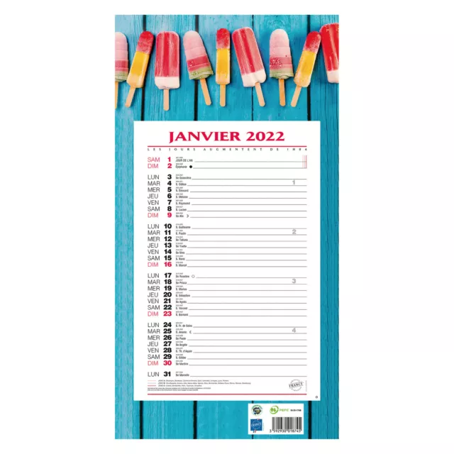 Bouchut 1 Calendrier mensuel à feuillets 2022 fond bleu  Format 19 x 36 cm NEUF