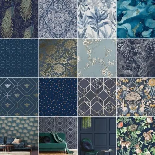 Bleu Papiers Peints - Choisissez Design - Floral Marbre Metallic Geo Feuilles