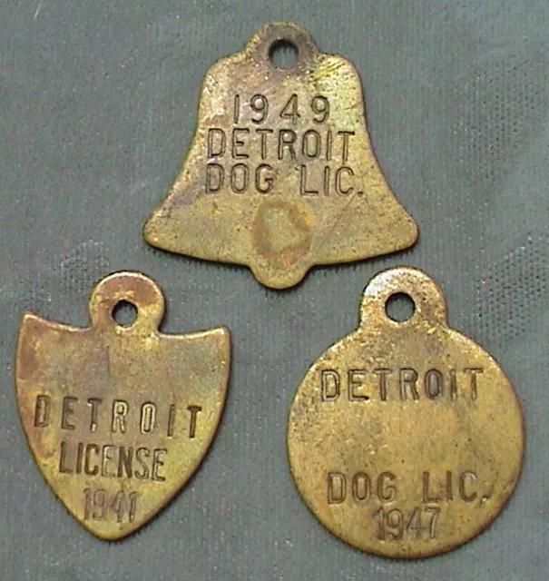 1941 1947 1949 Detroit Dog License Lot 3 Tags BRASS Michigan Arts & Crafts