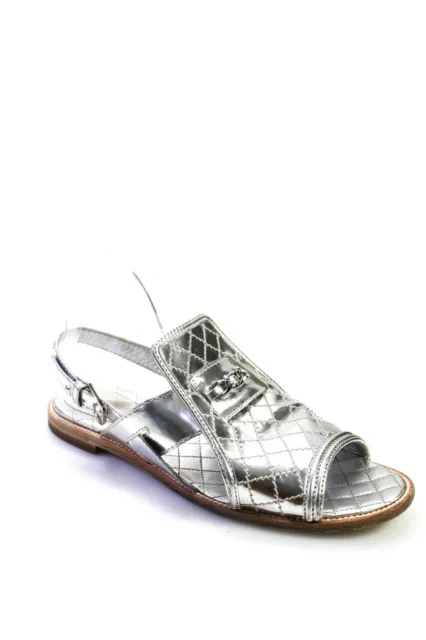 CHANEL WOMENS QUILTED Ankle Strap Sandals Silver Tone Patent