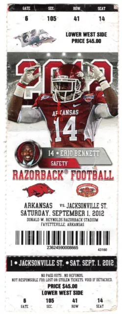 Arkansas Razorbacks Football Ticket Stub Jacksonville St 2012 Razorback Stadium