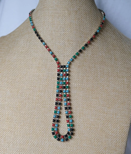 1960's VINTAGE GLASS CABOCHON COLORFUL RHINESTONE WATERFALL PENDANT NECKLACE