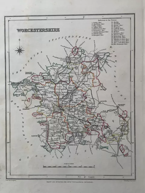 1848 Worcestershire Original Antique Hand Coloured County Map 172 Years Old