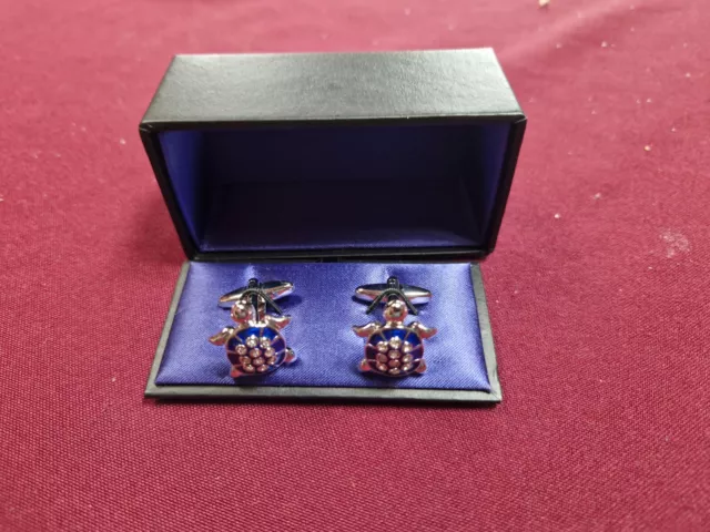 Blue Sea Turtle Cufflinks - Gift Boxed - Crystal Encrusted Tortoise Cuff Links