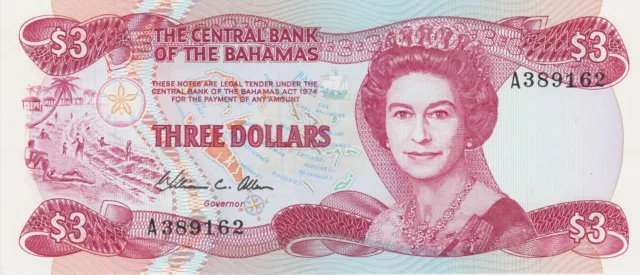 P44a BAHAMAS 1974 (1984) THREE DOLLARS BANKNOTE IN MINT CONDITION