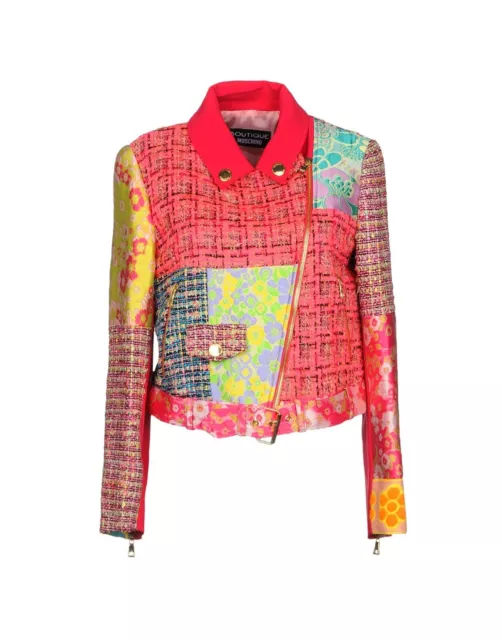 Moschino Couture Italian Patchwork Wool Moto Biker Zipper Jacket US Sz 8 IT42