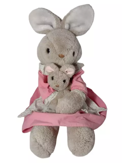 Vintage Plush Mom & Baby Bunny Rabbit Pink Dress Apron Lace 18" Stuffed Soft Toy