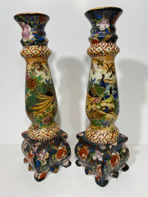 2pc Hand Painted Royal Satsuma Candlestick Holders
