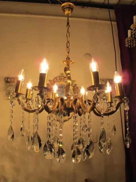 Antique Vintage French 8 Arm's Crystal Chandelier, Bronze Elegant Light 1940s