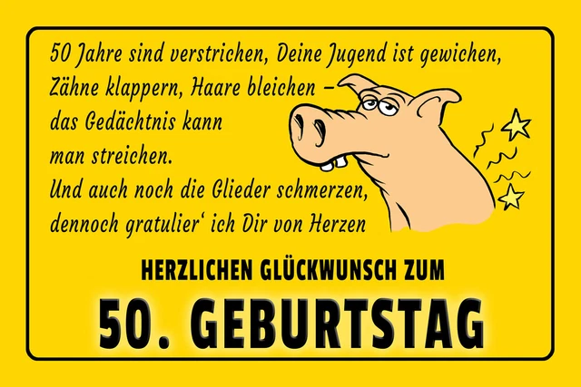 SCHILD SPRUCH HERZLICHEN Glückwunsch zum 50. Geburtstag Schwein JW EUR