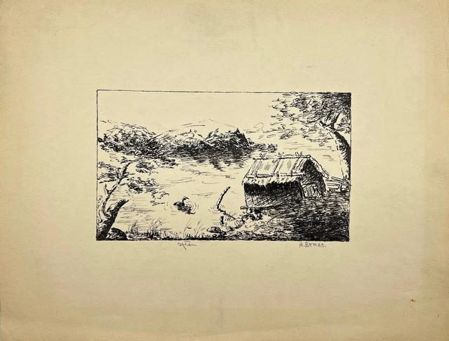 Vintage Drawing - A Landscape with a House - Ink Drawing - 20th Century - Sweden