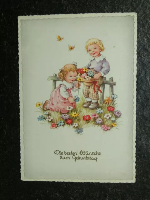 Alte AK , Kinder mit Blumen , ..zum Geburtstag , Elfriede Türr , (I122)