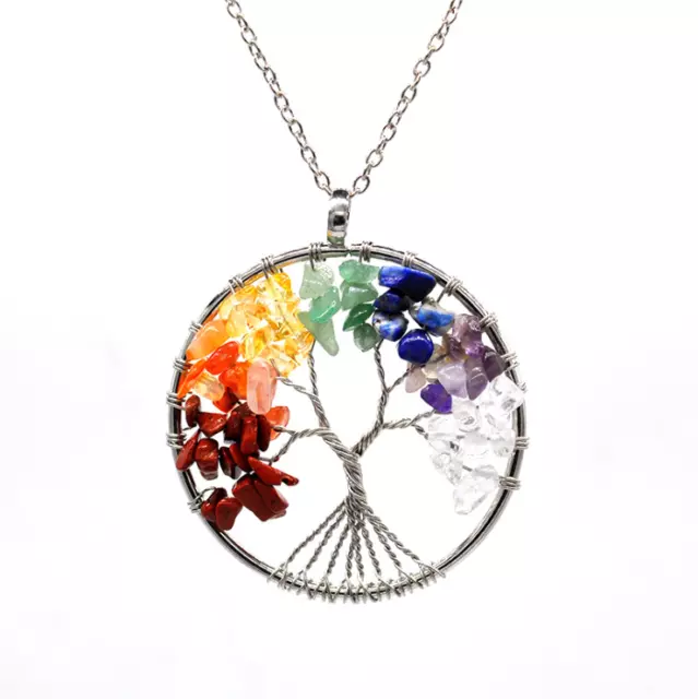 Natural Gemstone Tree of Life Pendant Necklace 7 Chakra Healing Crystal Charm