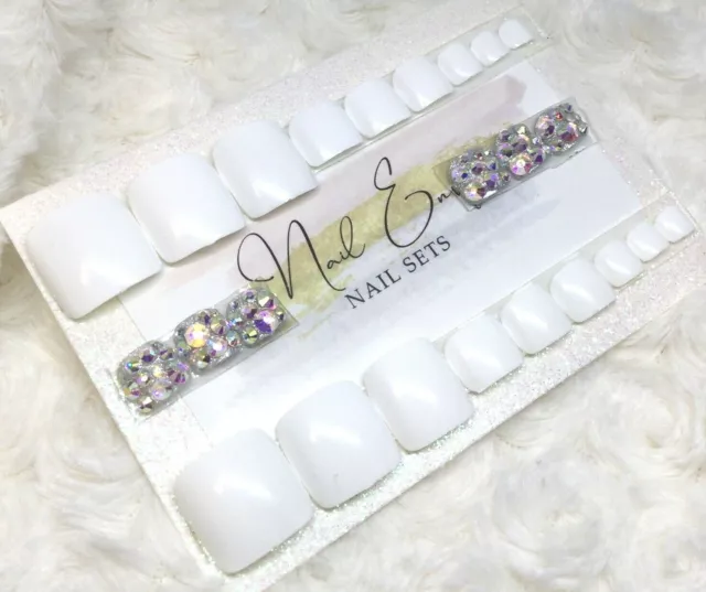 White Diamante False Press On Toe Nails Set