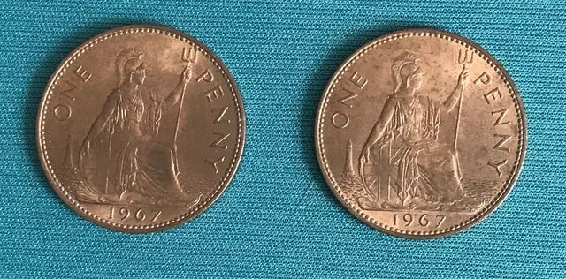 2 x 1967 Queen Elizabeth II  One Penny Coins : Uncirculated Condition