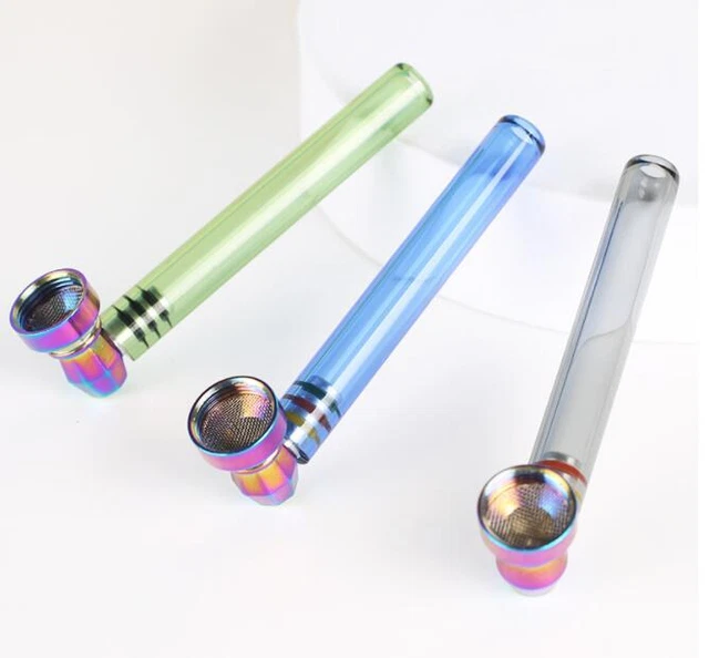 New Glass Smoking Pipe 93MM Tobacco Pipe With Metal Bowl Herb Smoke Pipe