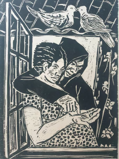 Wood Engraved Claudio Silveira Silva Sign / No Huge Peasant Woman Palmistry Med