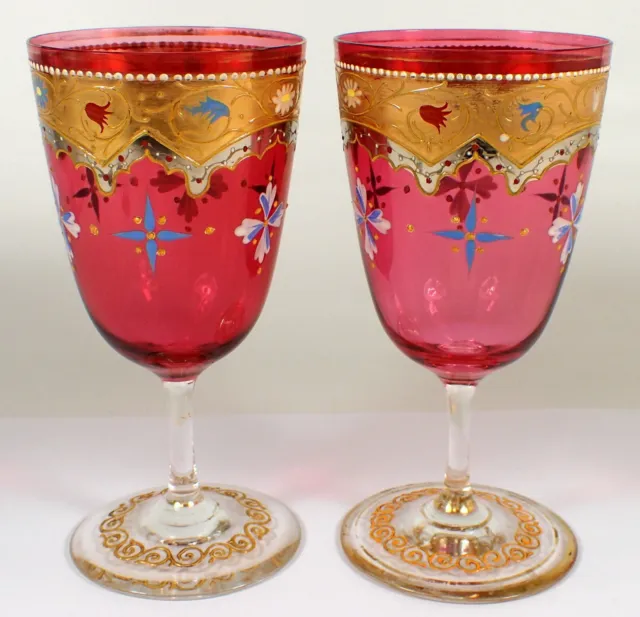 2 Antique Moser Cranberry Hand Painted Enameled Blown Glass Glasses 6" Goblet