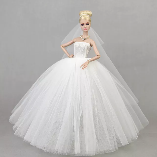 White Wedding Dress for 11.5" Doll Outfits Clothes Handmade Long Gown Veils 1/6