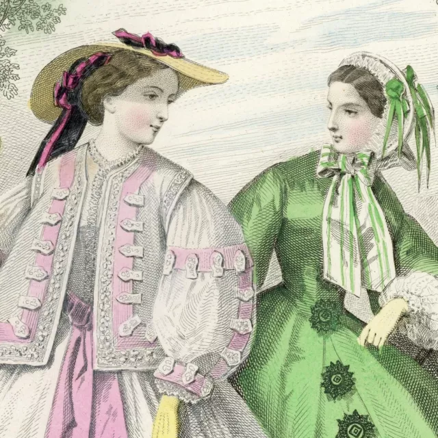 Les modes Parisiennes Couture Jardin Demoiselles - Gravure Aquarelle XIXe