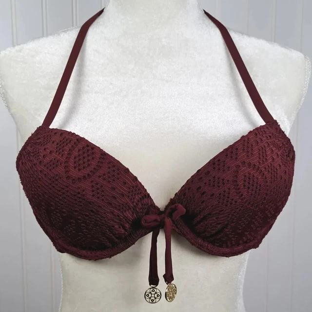 H&M Halter Bikini Top Womens 32B Red Maroon Lace Padded Push Up Underwire Beach