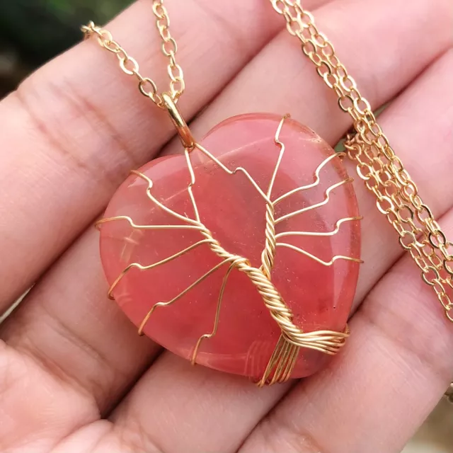 Cheery Quartz Gem Tree Of Life Necklace Chakra Reiki Healing Amulet