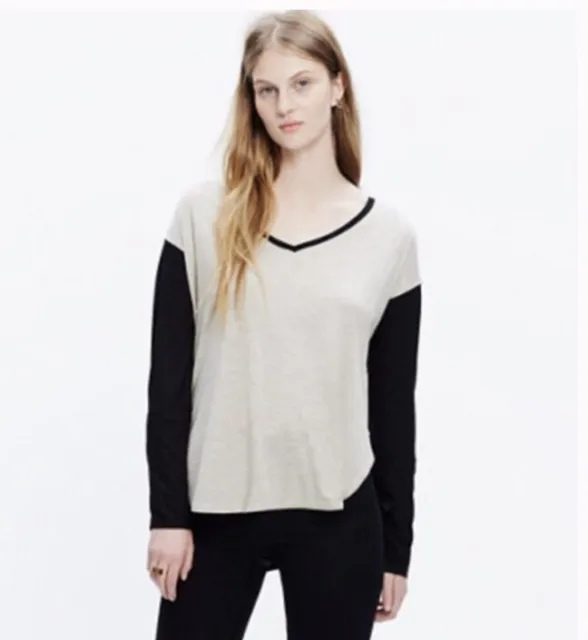 Madewell Size Small Anthem Long-Sleeve V-Neck Tee in Colorblock Black Tan