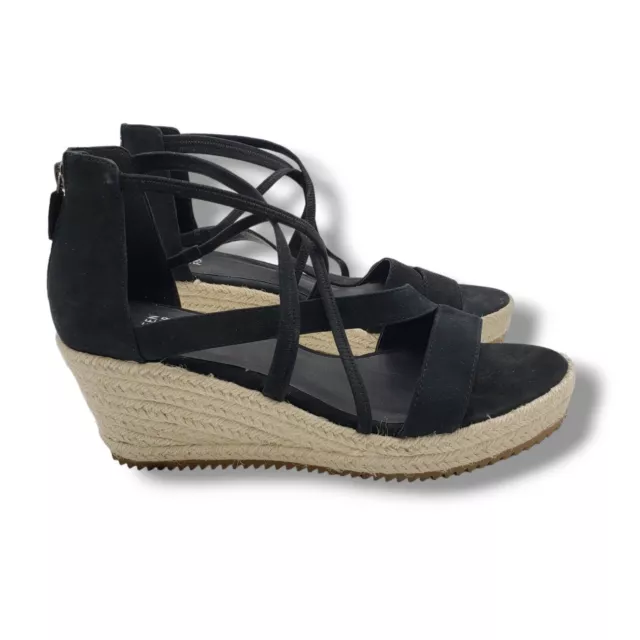 Eileen Fisher Wanda Espadrille Wedge Sandals Womens 9.5 Black Tumbled Nubuck Lea