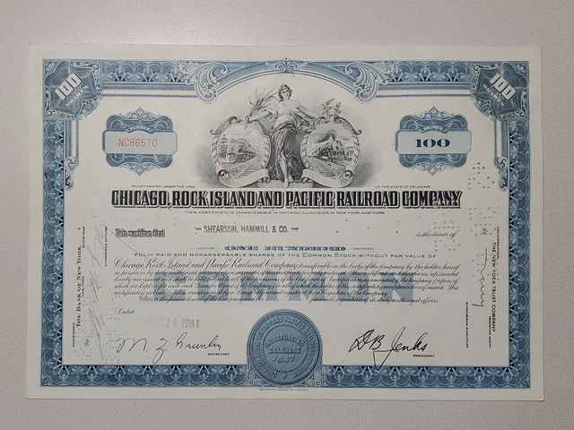 Chicago, Rock Island and Pacific Railroad Cancelled Stock Certificate